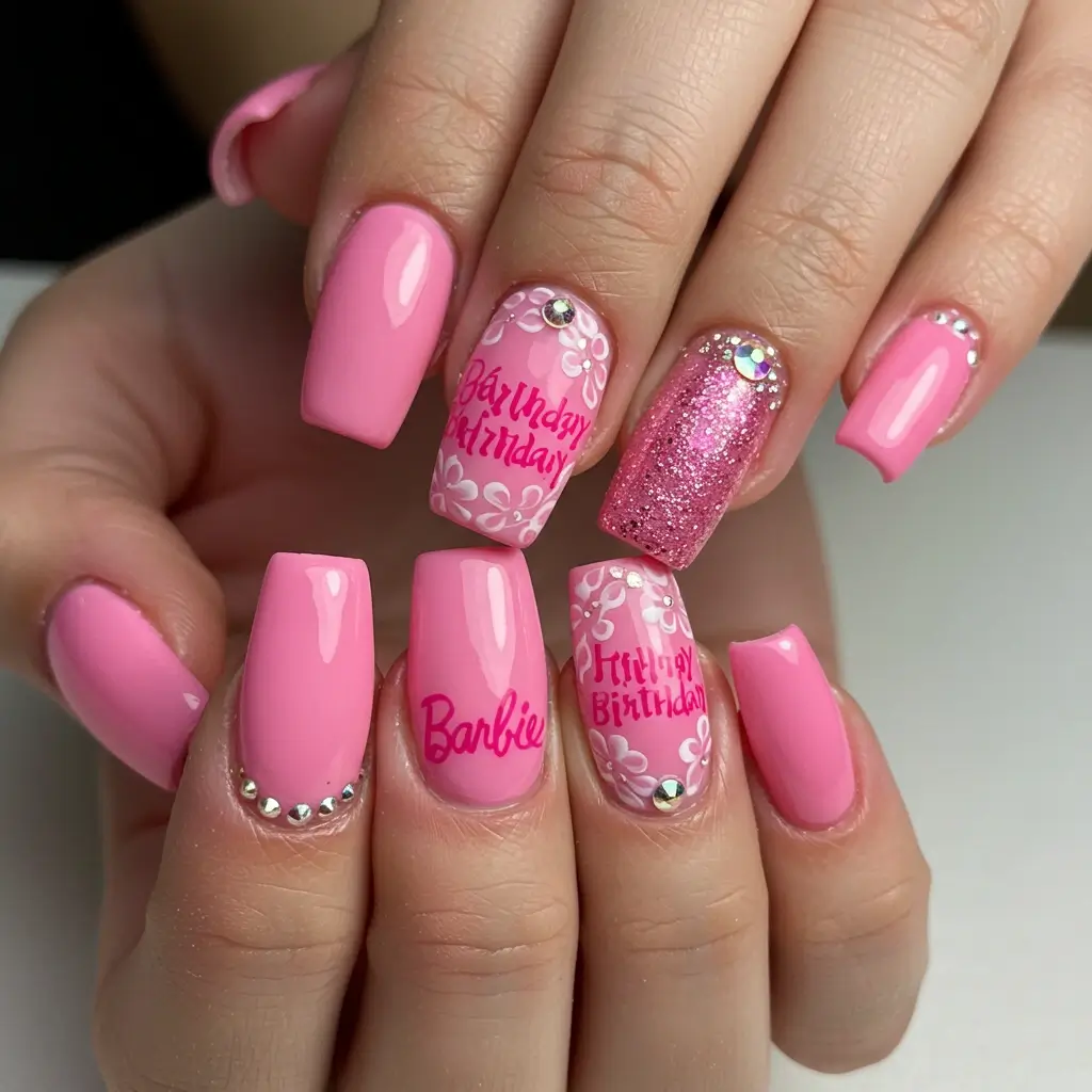 Barbie Pink Birthday Nails Image