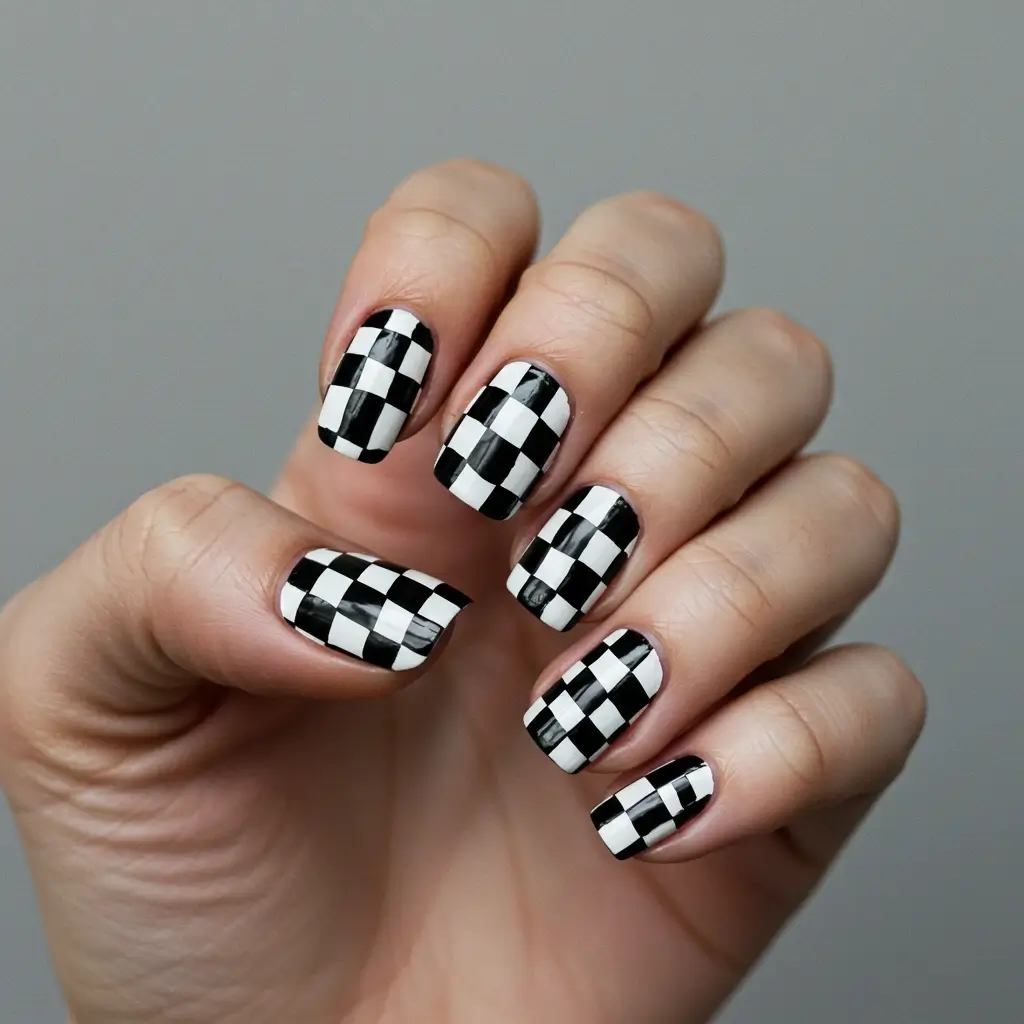 Black-and-White Checkerboard Nails Image