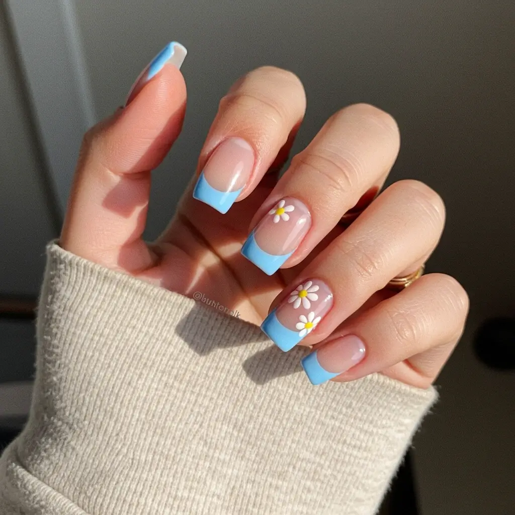 Baby Blue French Tip With Daisies Image
