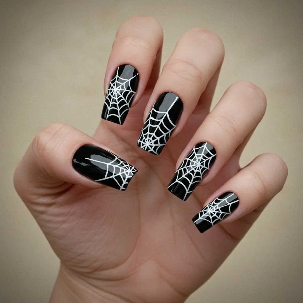 Jet-Black Spiderweb Nails Image