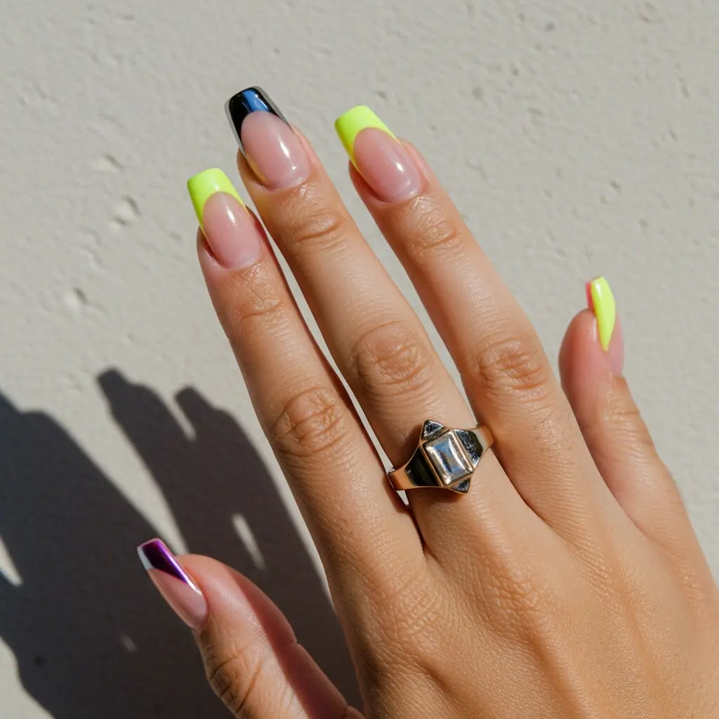 Mismatched Neon Chrome Nails Image