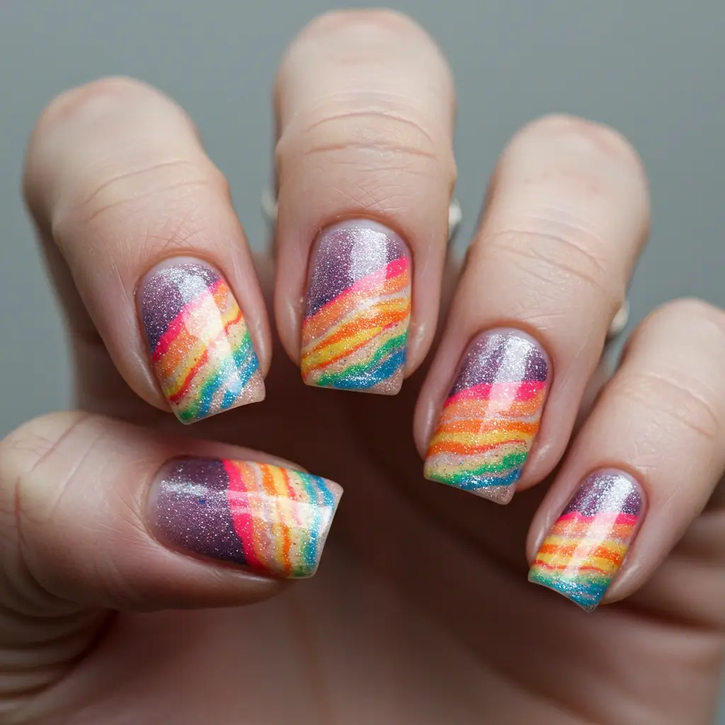 Mismatched Shimmery Neon Skittles Nails Image