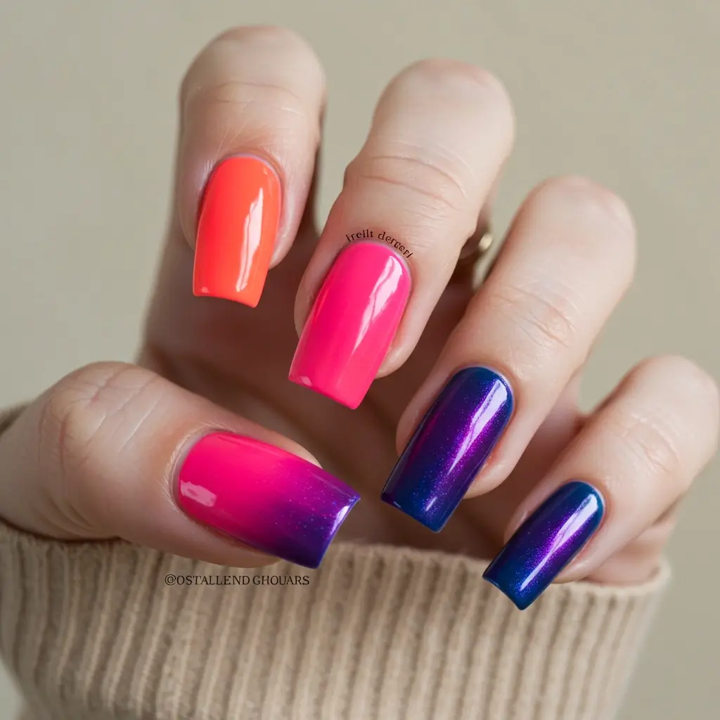 Neon Coral and Turquoise Aura Nails Image