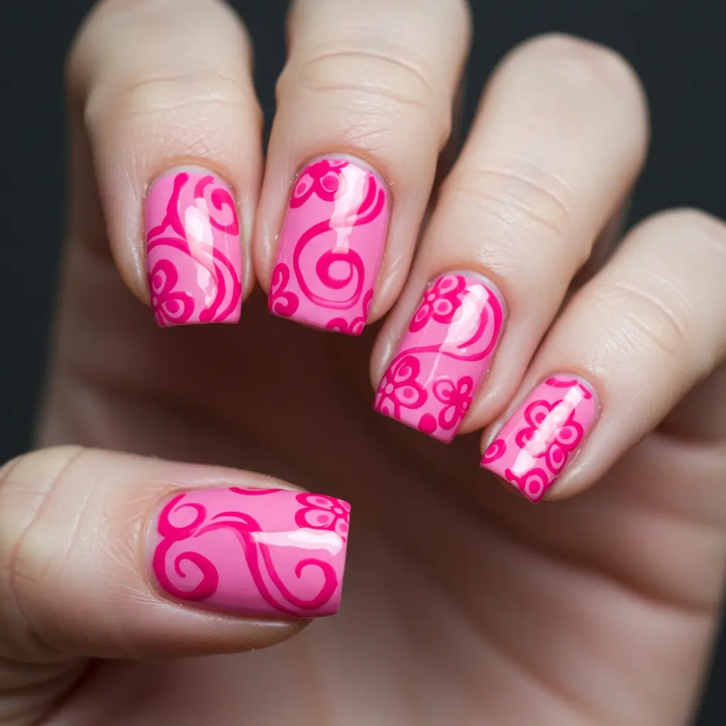 Pink Swirl Floral Nails Image