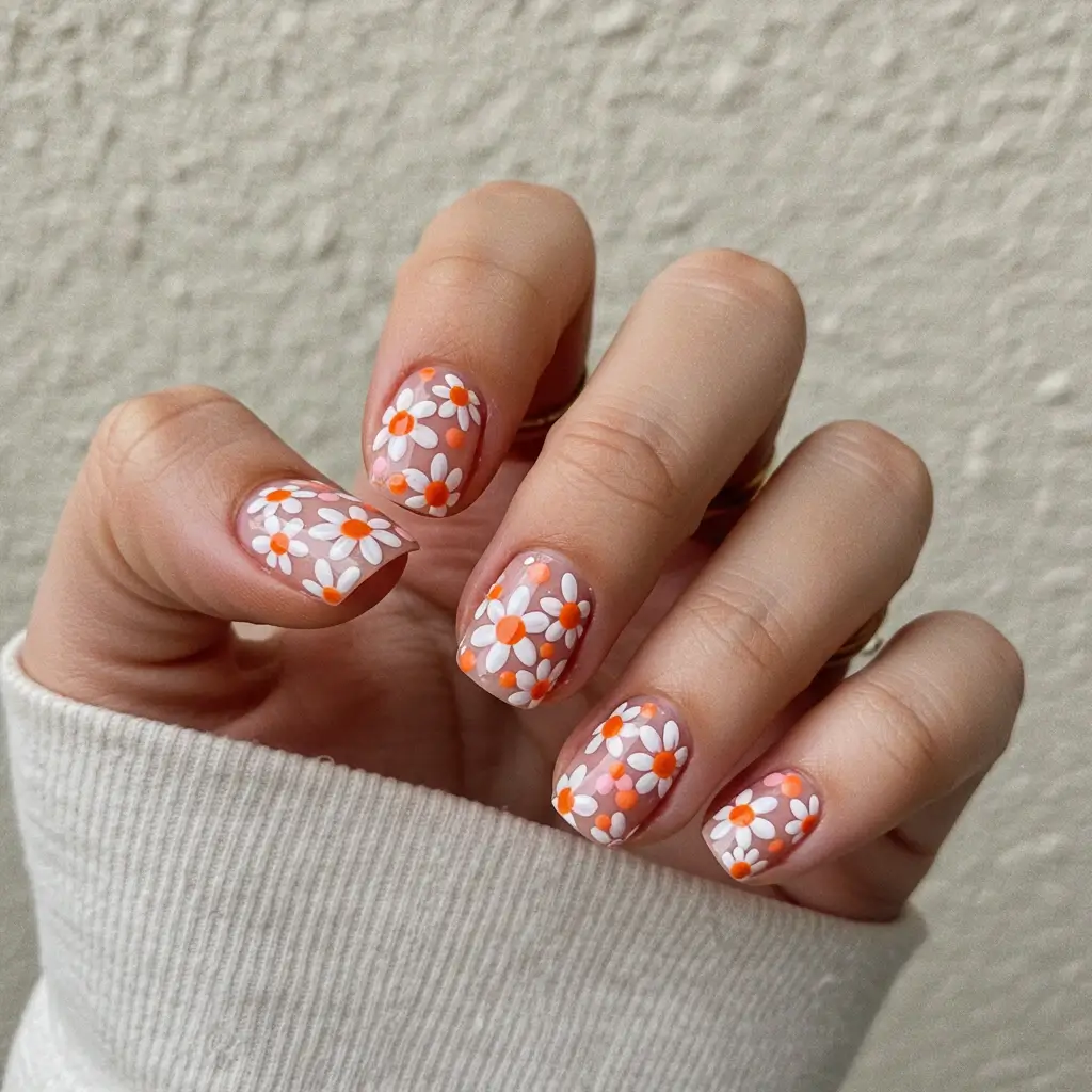 Pink and Orange Daisy Nails Image