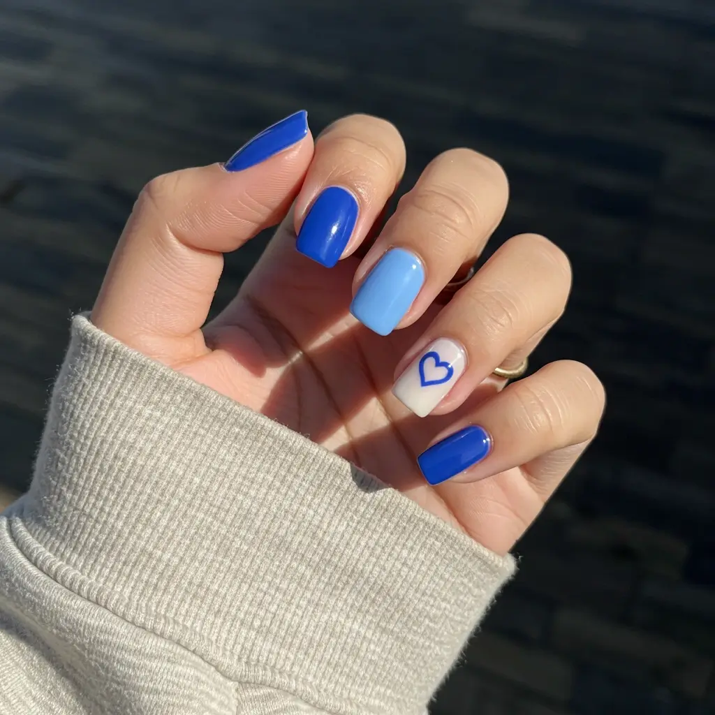 Shades of Blue Heart Nails Image