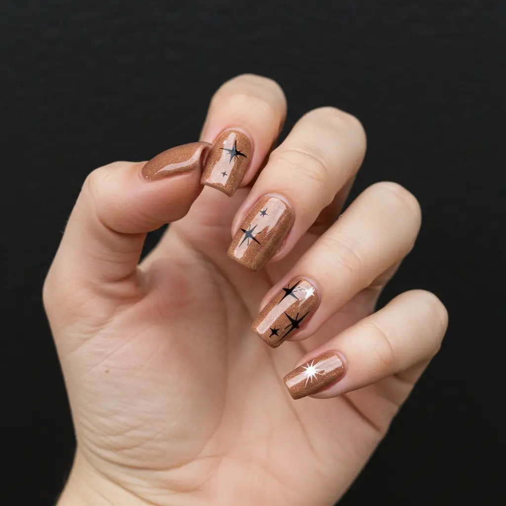 Star Nails with Sandy Brown Velvet Chrome Image